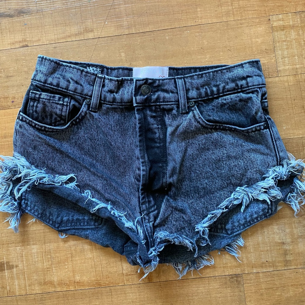 REVICE denim black distressed jean shorts